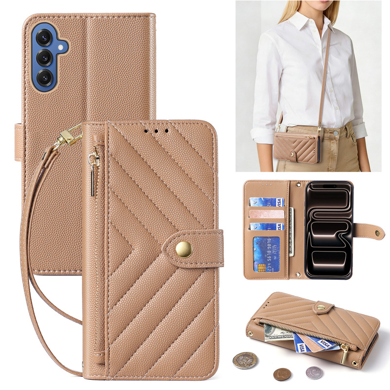 Suitable for Cross-Border Use, Galaxy S26 Card-Insertable Samsung S25 Zipper Pouch with Hand Strap, Wallet, Crossbody Phone Leather Case