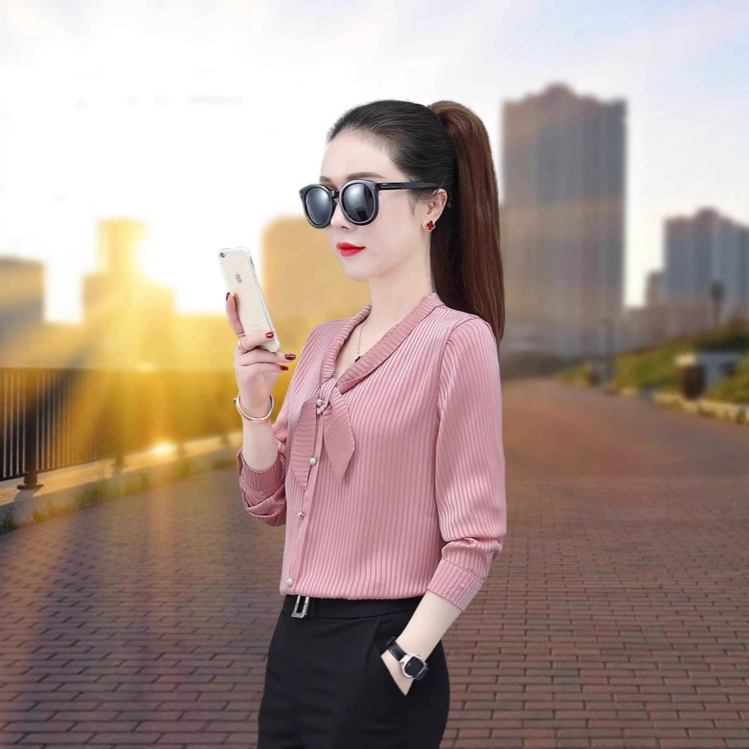 2025 новая стильная рубашка для женщин весной и летом, тонкая, повседневная, с длинными рукавами, модная, для матери среднего возраста, темпераментная, с бантом с v-образным вырезом