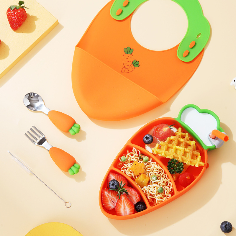 Children's Silicone Dinner Plate Carrot Drop-resistant Suction Type Baby Tableware Cover Assembly Fork Spoon Bib Compartment Food Bowl