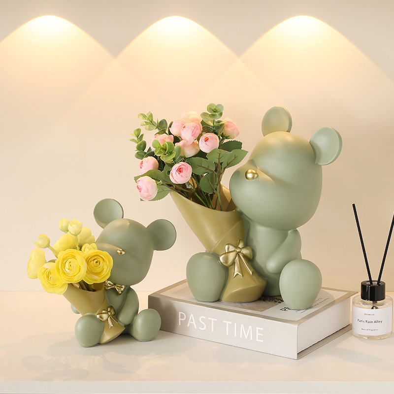 网红轻奢风暴力熊站立捧花花瓶小摆件客厅餐桌玄关电视柜新装饰品