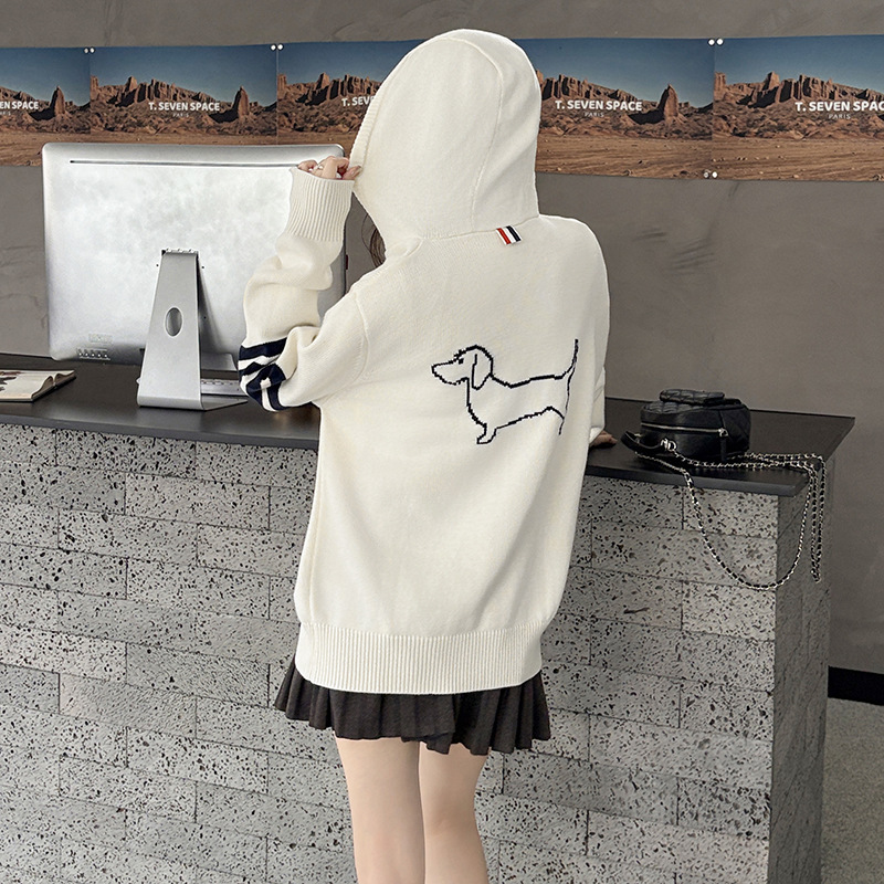 Tb New Style Four-Stripe Sleeve Thick Knit Cardigan Unisex with Back Puppy Pattern Jacquard Zipper Hoodie