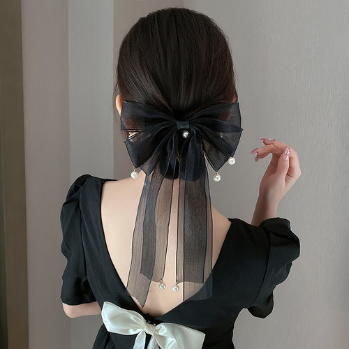 Streamer hairpin bow headband women's back head pearl hairpin  new high-end spring clip ponytail clip