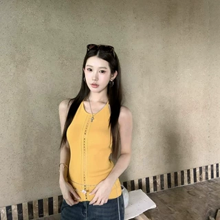 salthe盐茶*水滴露背莱赛尔天丝系带挂脖背心女夏季镂空针织吊带