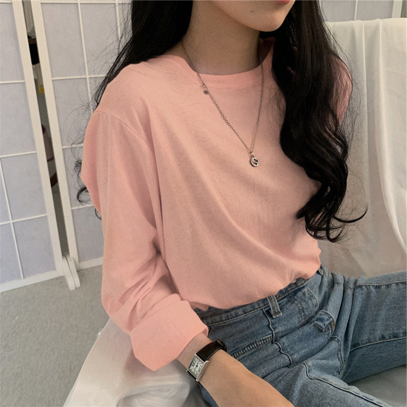 Camiseta básica blanca para mujer, estilo BM de manga larga, nueva colección de principios de otoño 2025, versión coreana, camiseta holgada negra con cuello redondo. image 11