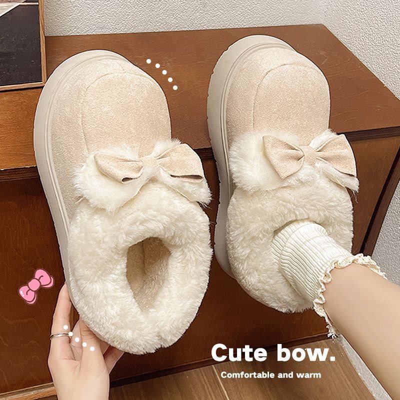 Cute Bowknot Cotton Slippers with Heel Cover for Women, Autumn and Winter Indoor Home Wear, 2025 New Model, Non-Slip, Warm, Furry Snow Cotton Boots
