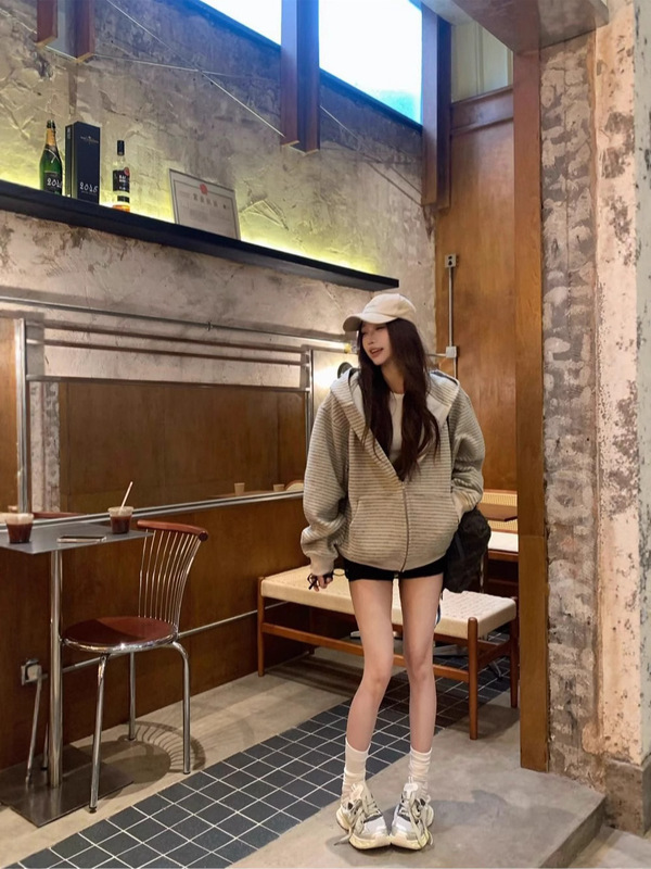韩系慵懒风撞色条纹连帽拉链卫衣外套女秋季小众百搭宽松显瘦上衣|undefined