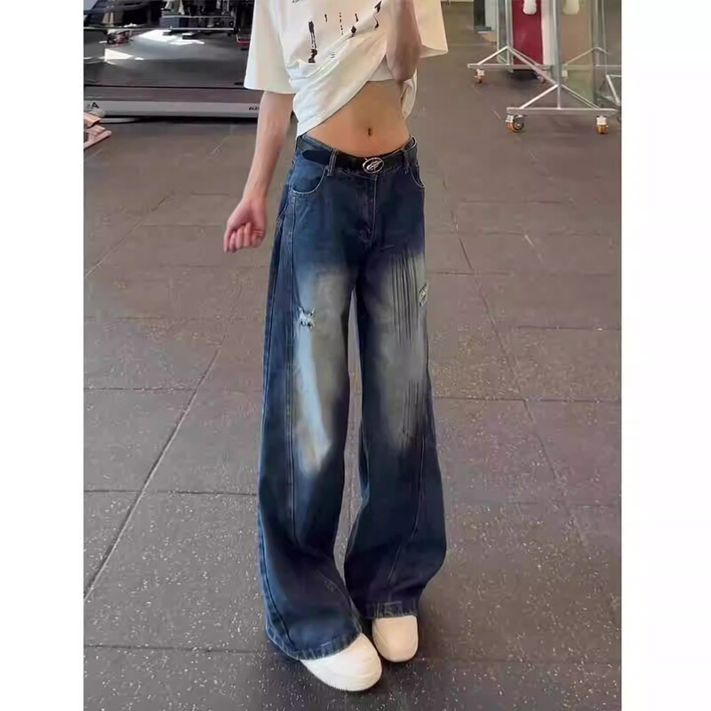 American Retro Blue Ripped Jeans for Men, Summer Thin Flared Pants, Loose Bf Lazy Style Wide-Leg Scimitar Pants