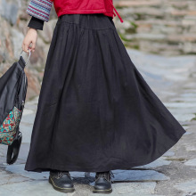 春秋半身裙2025秋新款亚麻a字伞裙中长简约大摆黑色文艺半裙女