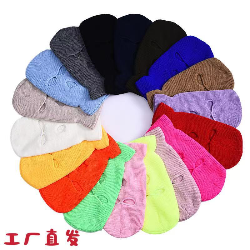Cross-border Warm Three-hole Wool Pullover Knitted Hat Winter Skiing Outdoor Riding Solid Color Windproof Mask