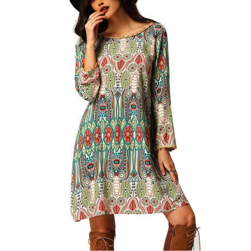 Special Offer on Aliexpress and Wish: Ethnic Style Spring and Autumn New Nine-Quarter Sleeve Plus-Size Dress with Digital Print and Tassels