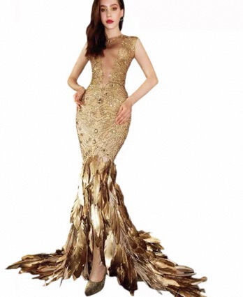 Golden Feather Dress Diamond Gown Prom Birthday Celebration Evening Dress Female Singer Performance Outfit Golden Feather Dress Diamond Gown Prom Birthday Celebration Evening Dress Female Singer Performance Outfit