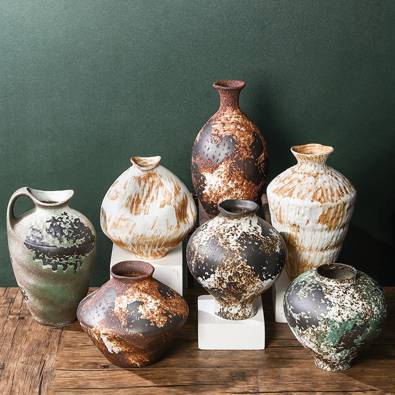 Quiet Style Zen Ornaments Crude Pottery Bottle Jingdezhen Ceramic Vase Mottled Retro Pottery Pot Old Concave Bottle Flower-arranging Hydroponics