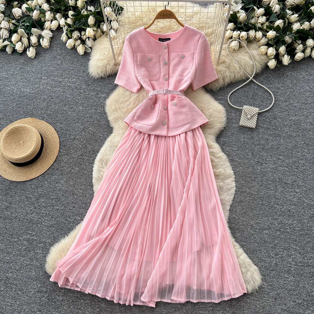 Inspired Pink A-Line Dress Short Sleeved High Waisted Fitted Long Skirt Luxurious Feel Women's Clothing_ecoleips.com