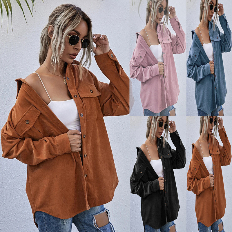 Cross-Border 2021 Amazon European and American Autum New Corduroy Shirt Lapel Long-Sleeved Loose Casual Jacket for Women
