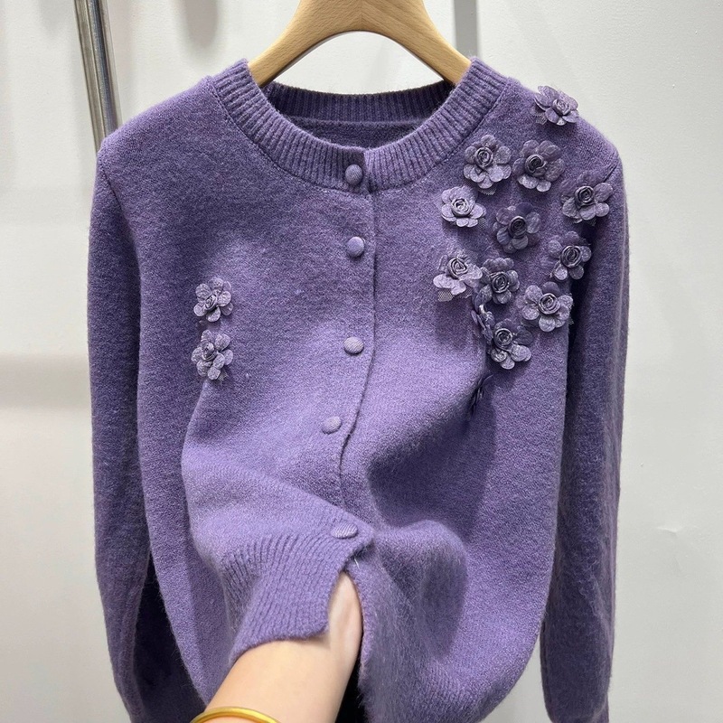 小香风立体花朵长袖针织开衫毛衣外套女2025年秋装独特别致上衣潮|undefined