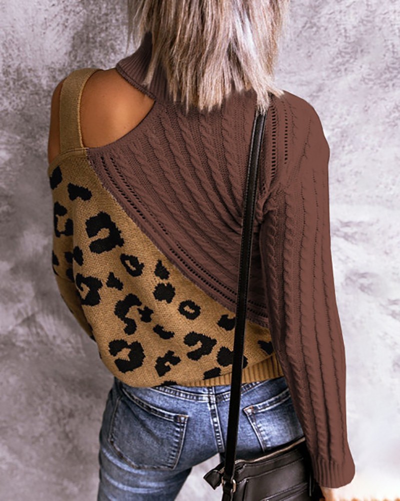 Color Matching Leopard High Neck Strapless Sweater NSNHYD105986