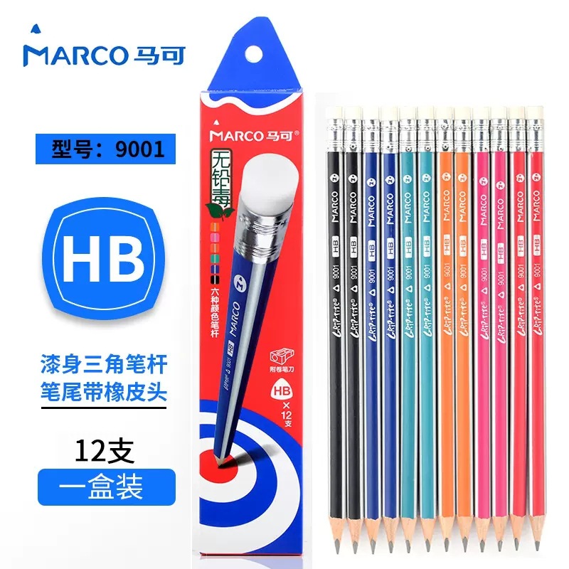MARCO 9001E triángulo varilla de goma cabeza HB/2B fácil mantener la postura positiva estudiante lápiz