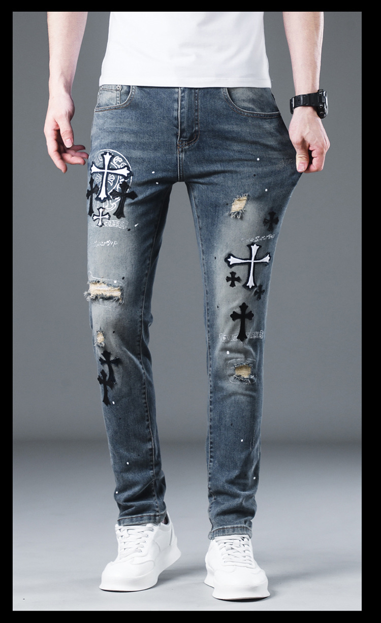 Men's Embroidered Jeans Slim Fit Torn Patches Versatile Trousers_voghion.com