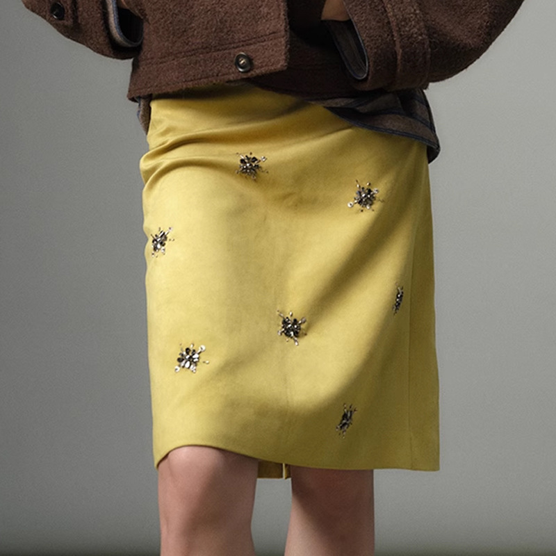 Sagestu Green Lemon Suede Fireworks Handmade Beaded Floral Skirt Korean Style 2026 New High Waist Autumn Winter Retro Half Skirt