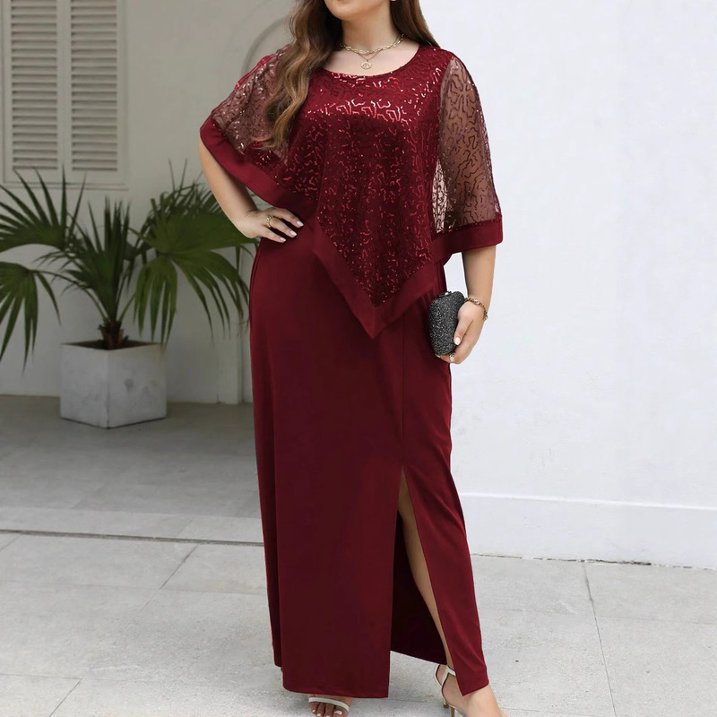 Amazon Cross-Border European and American Party Style Waist-Cinching Batwing Sleeve Slit Slimming Dress for Women 2026 Spring/Summer Plus Size Women's Clothing Amazon Cross-Border European and American Party Style Waist-Cinching Batwing Sleeve Slit Slimming Dress for Women 2026 Spring/Summer Plus Size Women's Clothing