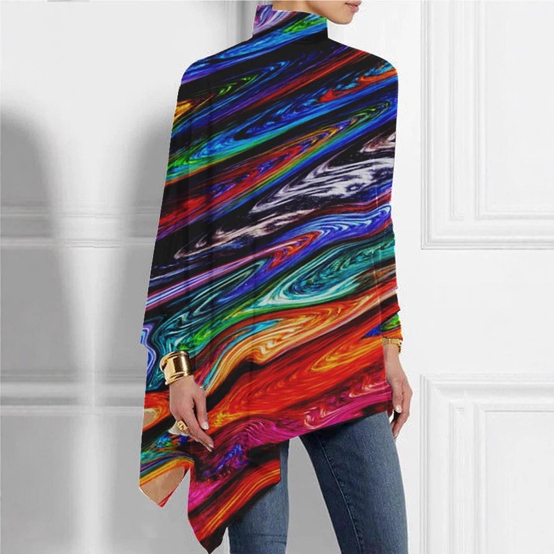 High-Neck D Women's Christmas Long-Sleeve Urban Casual T-Shirt with Cross-Border Pullover Print, Loose Abstract Design