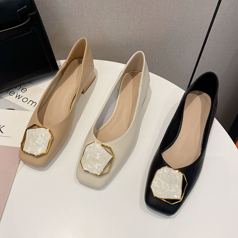 Real cowhide high heels women's 2023 summer new Korean style lazy shoes square toe soft leather shallow mouth thick heel single shoes low heel_voghion.com