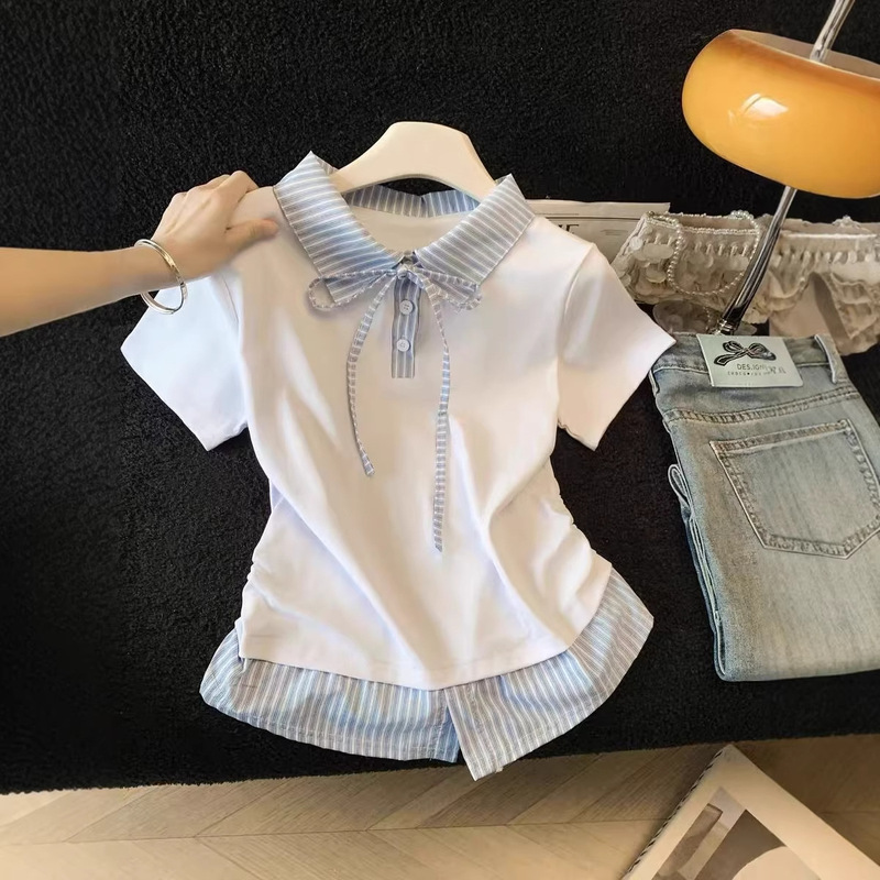 Academy Style Fake Two-Piece Plaid Patchwork Turn-Down Collar Tie Short-Sleeve T-Shirt for Women, New Summer Style, Slim-Fit Top for Petite Figures
