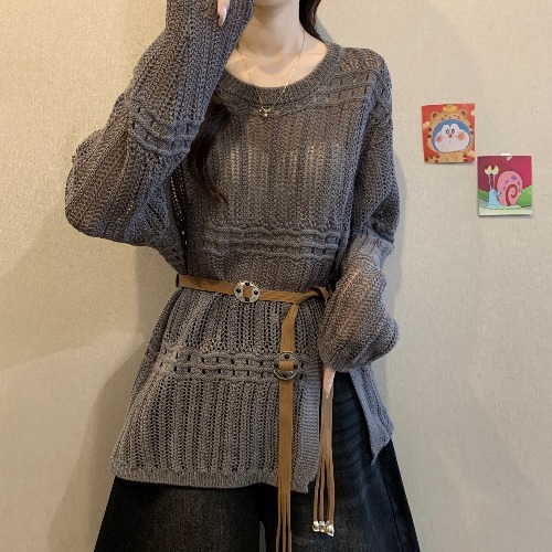 设计感钩花镂空针织衫女早秋新款大码胖mm收腰显瘦中长款罩衫上衣|undefined