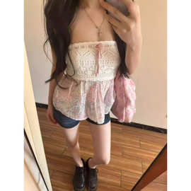 甜辣纯欲风钩编碎花无袖抹胸背心女夏季显瘦短款别致百搭绝美上衣