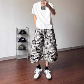 美式街头风复古多褶迷彩工装七分裤男女款夏季宽松休闲阔腿牛仔裤