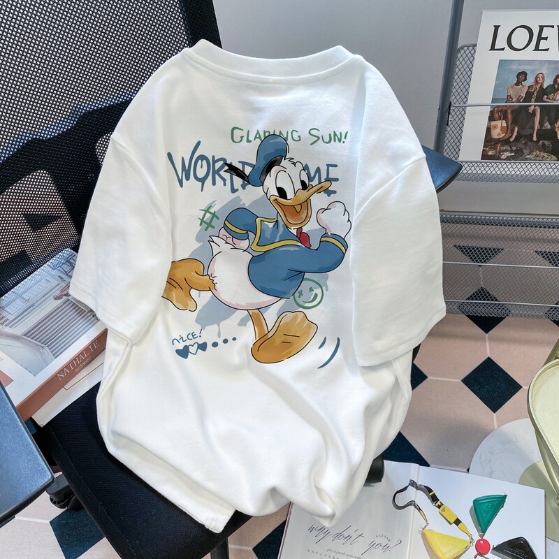 Unique and Chic Beautiful Donald Duck White T-shirt Women's Summer Korean-style Loose Short-sleeved plus size chubby girl Top Ins Trendy