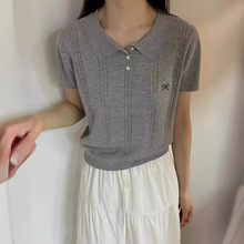 蝴蝶结刺绣麻花针织衫夏季韩版新款翻领宽松短袖短款上衣显瘦甜美