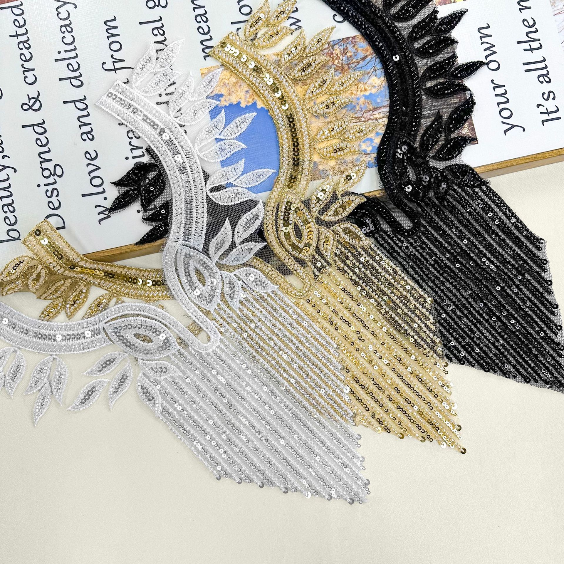Exquisito cuello dorado, pegatinas decorativas, bordados con lentejuelas, vestidos artesanales, vestidos, zapatos y sombreros, accesorios de bricolaje