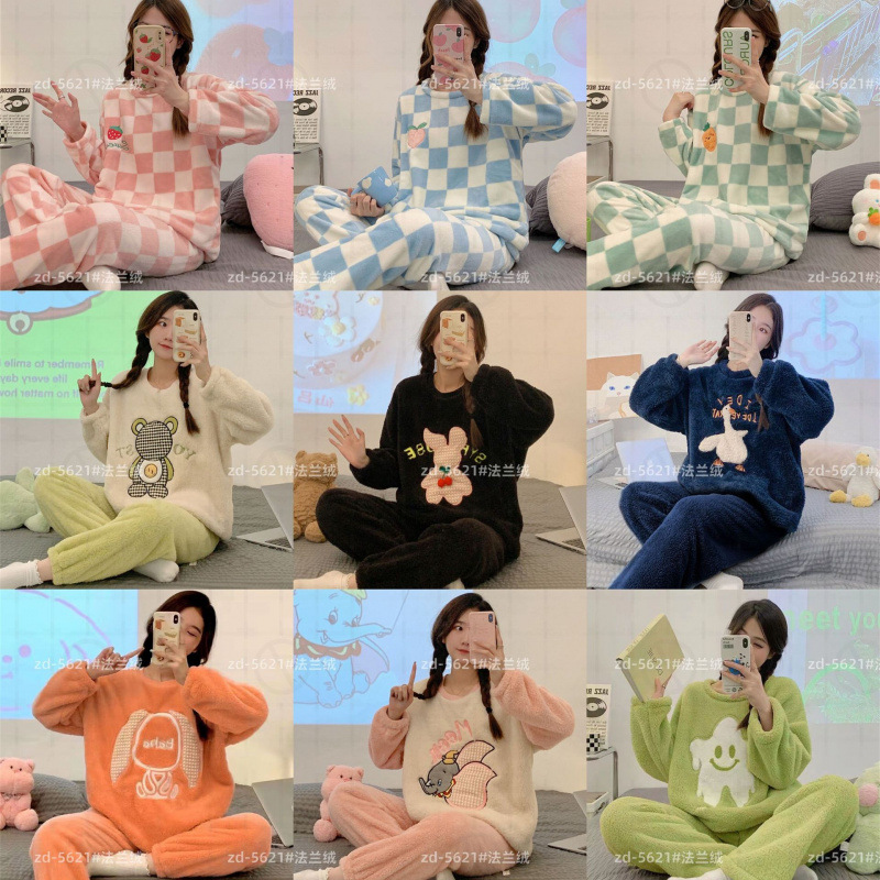 여성을위한 산호 벨벳 잠옷 겨울 귀여운 곰 플러스 벨벳 두꺼운 따뜻한 플란넬 2023 새로운 홈웨어 세트