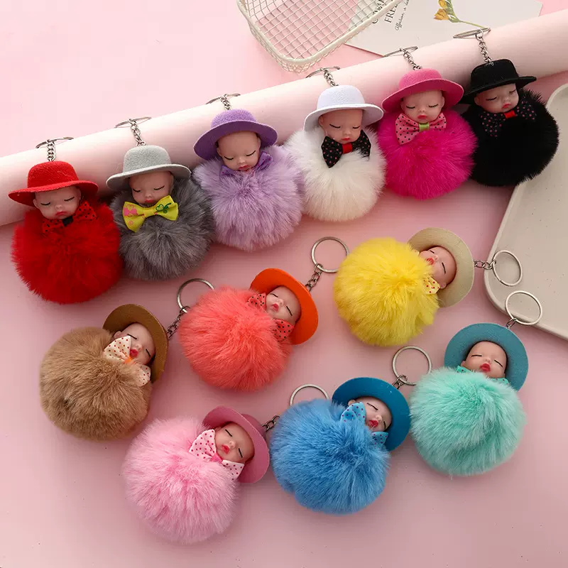 新跨境礼帽睡眠娃娃钥匙扣挂件可爱领结仿兔毛球公仔葆贝迪小礼品