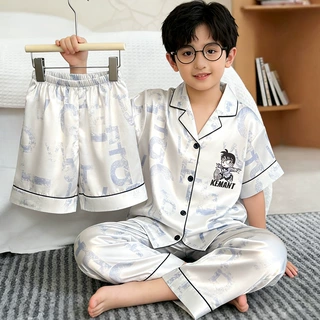 父子冰丝睡衣三件套夏季短袖短裤长裤儿童凉感冰雪丝家居服可外穿
