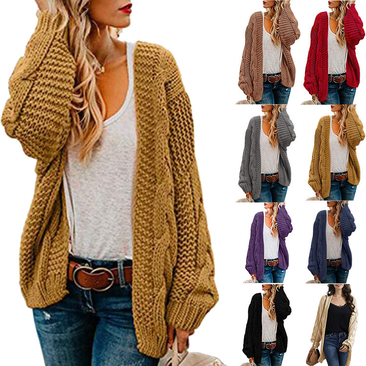 European and American 2026 Spring and Autumn New Style Thick Knit Cable Cardigan for Women, Mid-Length, Solid Color, Casual Loose-Fitting Jacket Cardigan