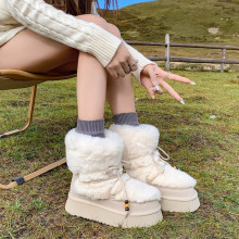 2025冬季新款雪地靴女短筒加绒保暖白色毛毛鞋绑带北方棉靴厚毛靴