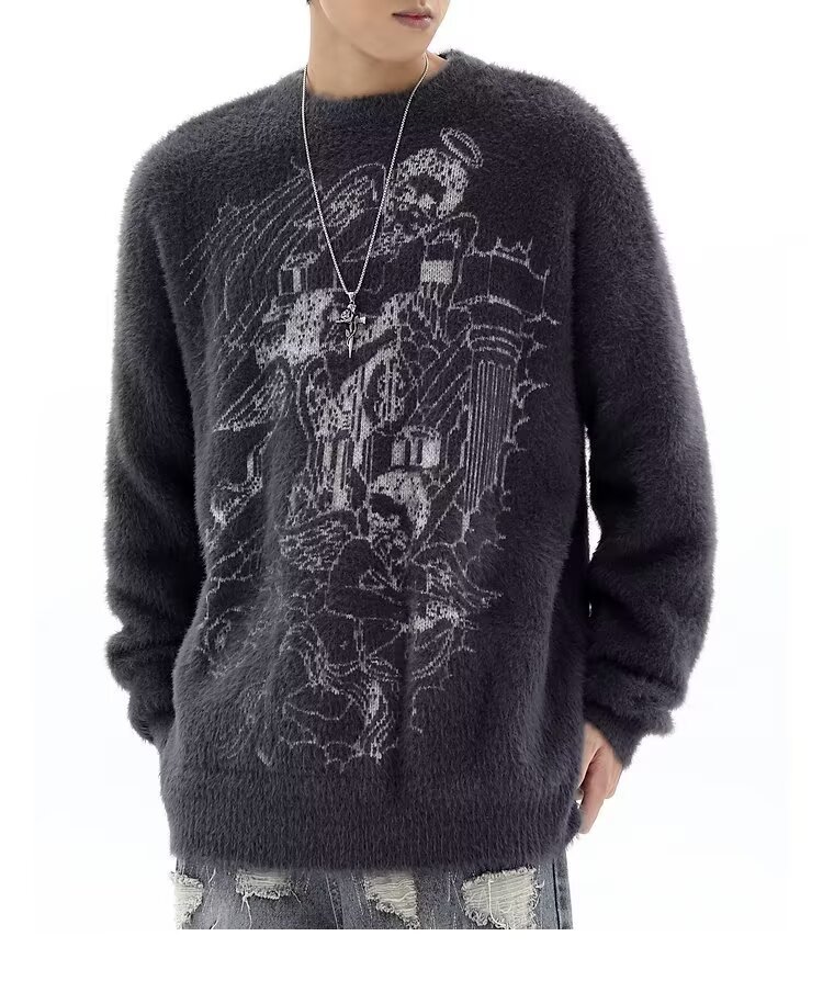 Herren Oversized Gothic Angel Strickpullover Warmes Fleece_voghion.com
