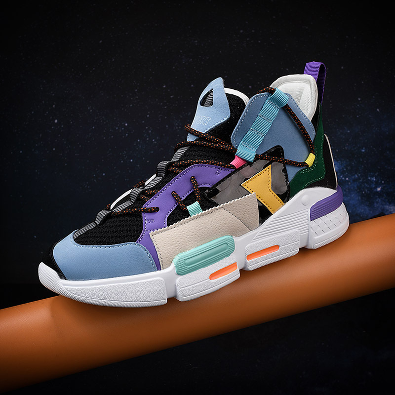 Summer Men's Trendy Size 46 Flykni Breathable Mesh High-top Sneakers Color-blocking Dad Casual Shoes_vogvips.com