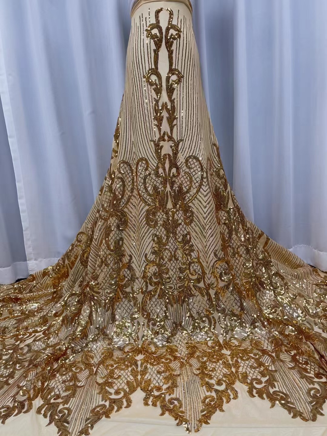 Lentejuelas tela de encaje africano europeo y americano vestido de novia moda bordado tela de encaje de lentejuelas JX1296