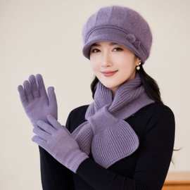 加绒保暖针织毛绒帽子女士秋冬季防寒手套围巾盆帽韩版潮中老年人