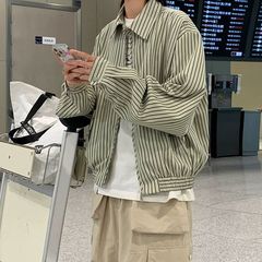 アメリカ式のショートコートの男性ファッションブランドの春と秋のストライプのファスナーのシャツのごろつきのかっこいい高級なデザイン感の小さいジャケット