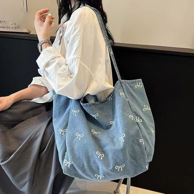 新しい高見えデニムキャンバスバッグレディースリボン甘くて万能なトートバッグ大容量カジュアルショルダーバッグ|undefined