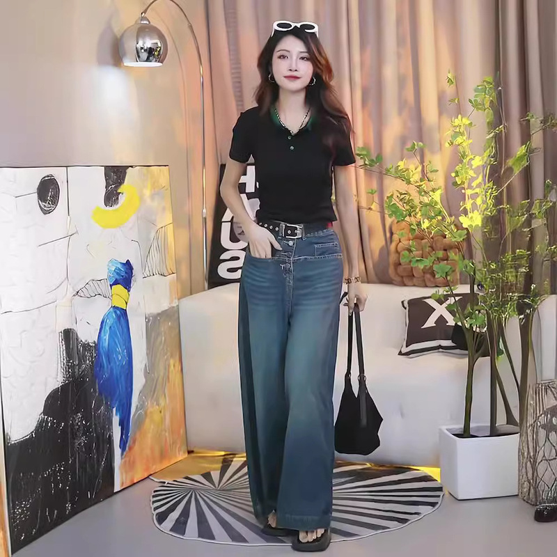 Age-reducing Wide-leg Straight Jeans for Spring New Black Slim-fit Half-open Collar Short-sleeved Top Two-piece Set for Women Age-reducing Wide-leg Straight Jeans for Spring New Black Slim-fit Half-open Collar Short-sleeved Top Two-piece Set for Women