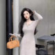 Pure want to dark gray long sleeve knitted dress women's autumn 2024 new waist long bottoming hip skirt