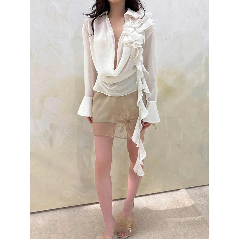 Sexy Swung Collar, Low-Cut Layered Ruffled Ribbon Waist Shirt, Elegant, Slim and Chic Long-Sleeved Top for Summer