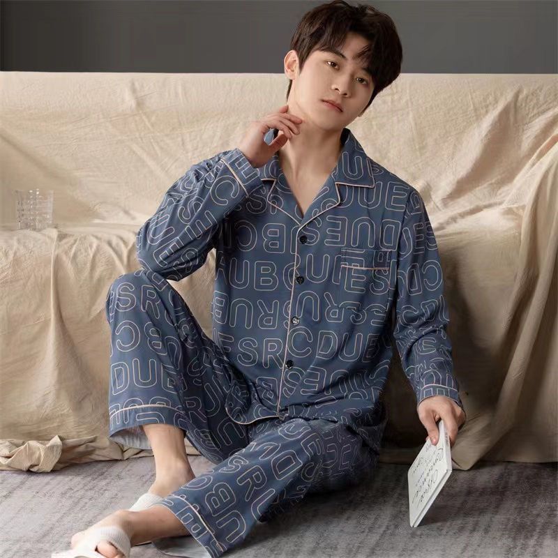 Pijamas de algodón de los hombres de primavera y verano Pantalones delgados de manga corta cardigan niños pueden usar fuera más tamaño homewear de verano