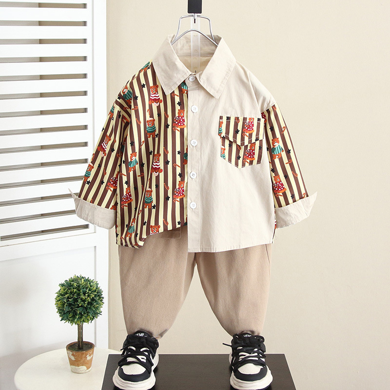 5934 Traje de otoño para niños 2025 Camisa de manga larga de primavera y otoño para niños de nuevo estilo Camisa coreana de dos piezas