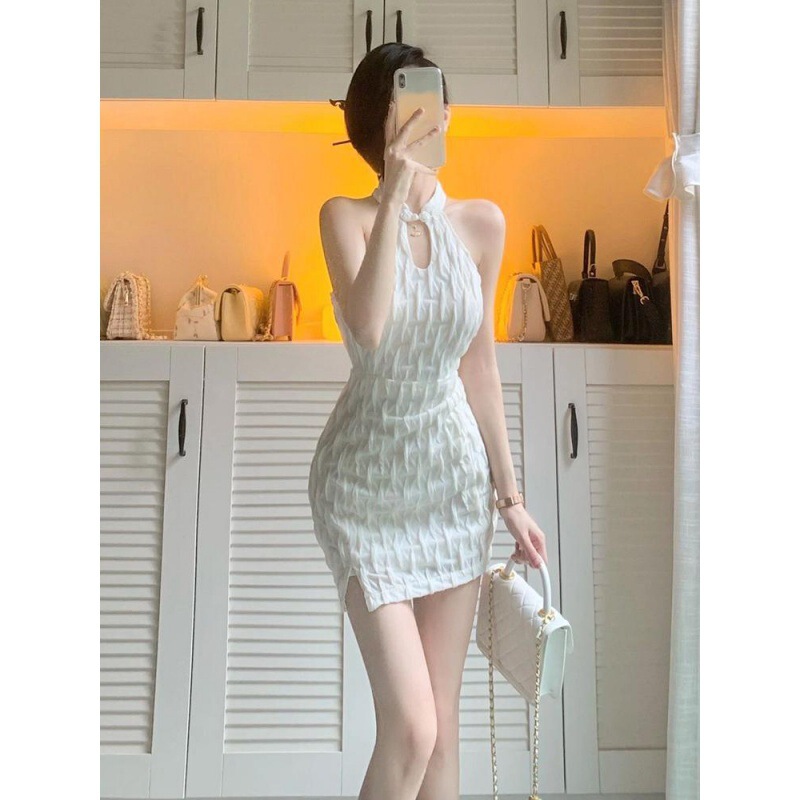 NUNBAI White Desire Spice Girl New Chinese Improved Cheongsam Sleeveless Neck Hanging Sling dress Women's Summer Queen Dress